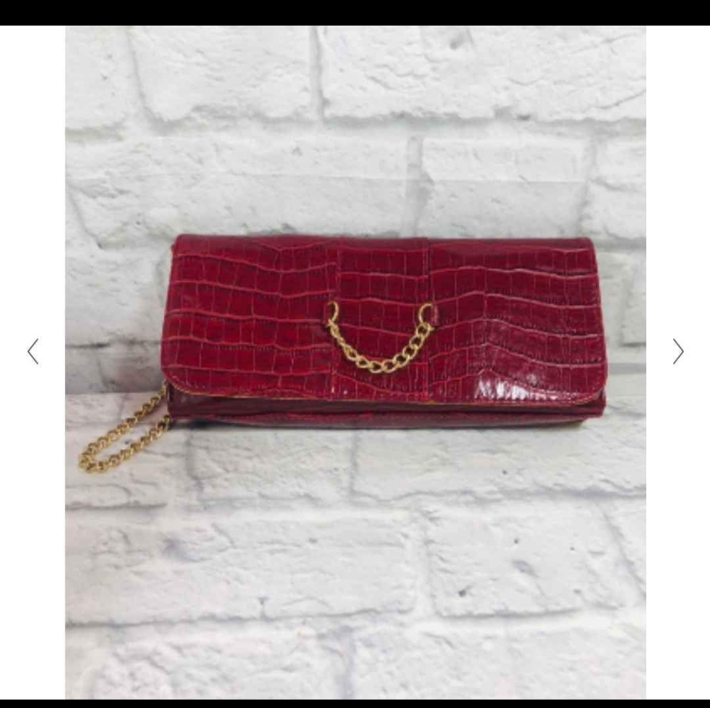 Red Mock Croc Faux Leather Wristlet Chain Clutch
